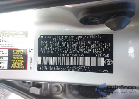 2012 Toyota Camry Se из США, поврежденный, VIN 4T1BF1FK5CU104580